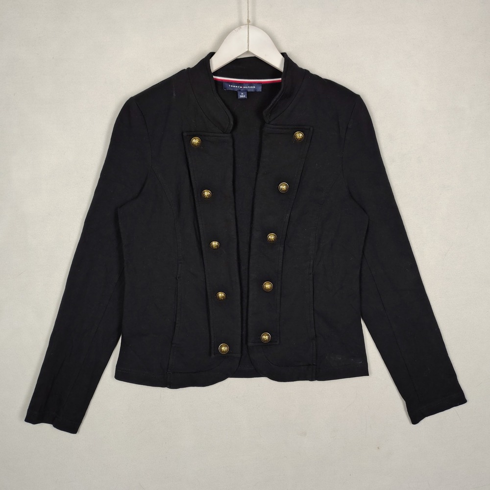 Tommy Hilfiger Womens Military Knit Blazer Black Gold Button Jacket Size M